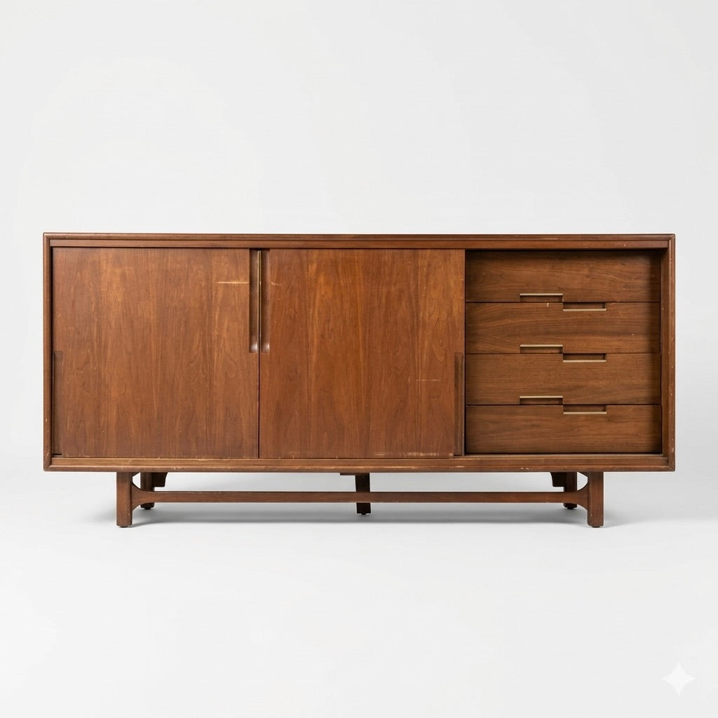 Cavalier Furniture Vintage Mid Century Modern Brass and Walnut Lowb... — three-quarter angle view