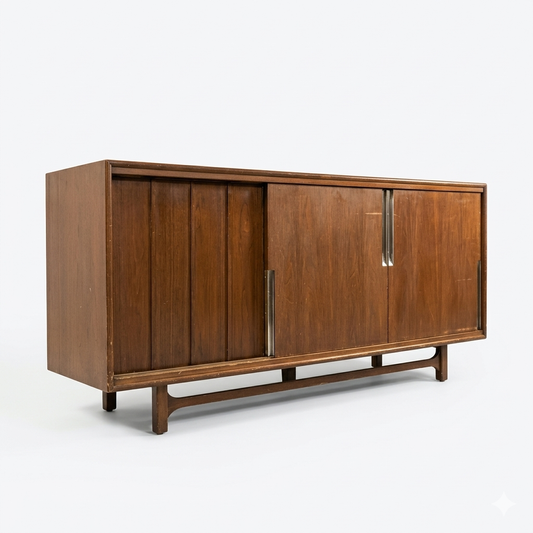 Cavalier Furniture vintage mid-century modern walnut lowboy dresser credenza with brass accents and stretcher base, front view, circa 1960s