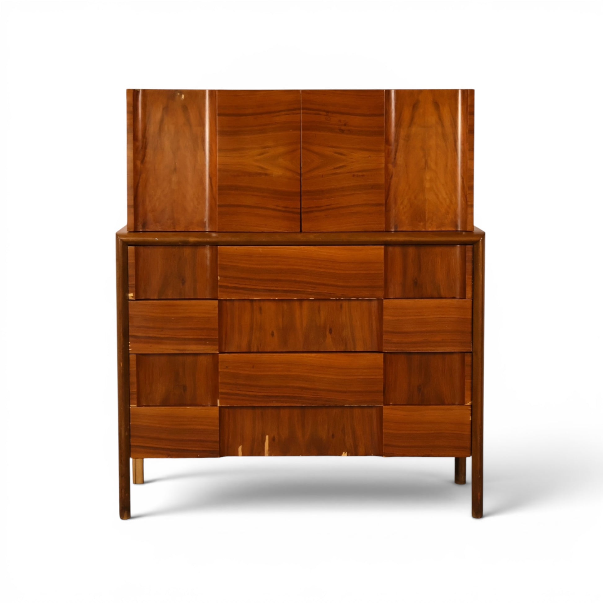 Edmond Spence Swedish walnut highboy dresser front view with woven checkerboard drawer fronts
