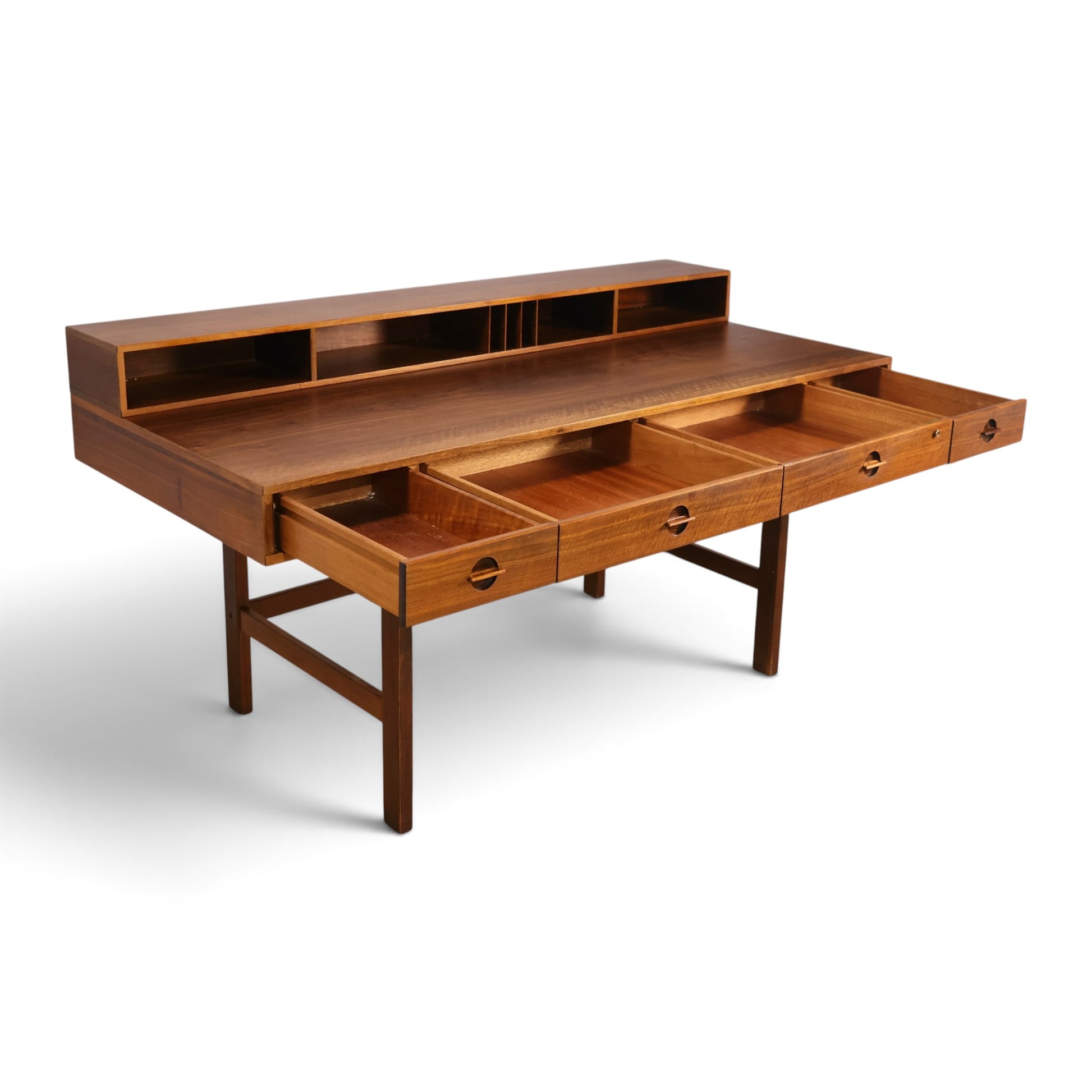Peter Lovig teak desk drawer detail with recessed disc pulls