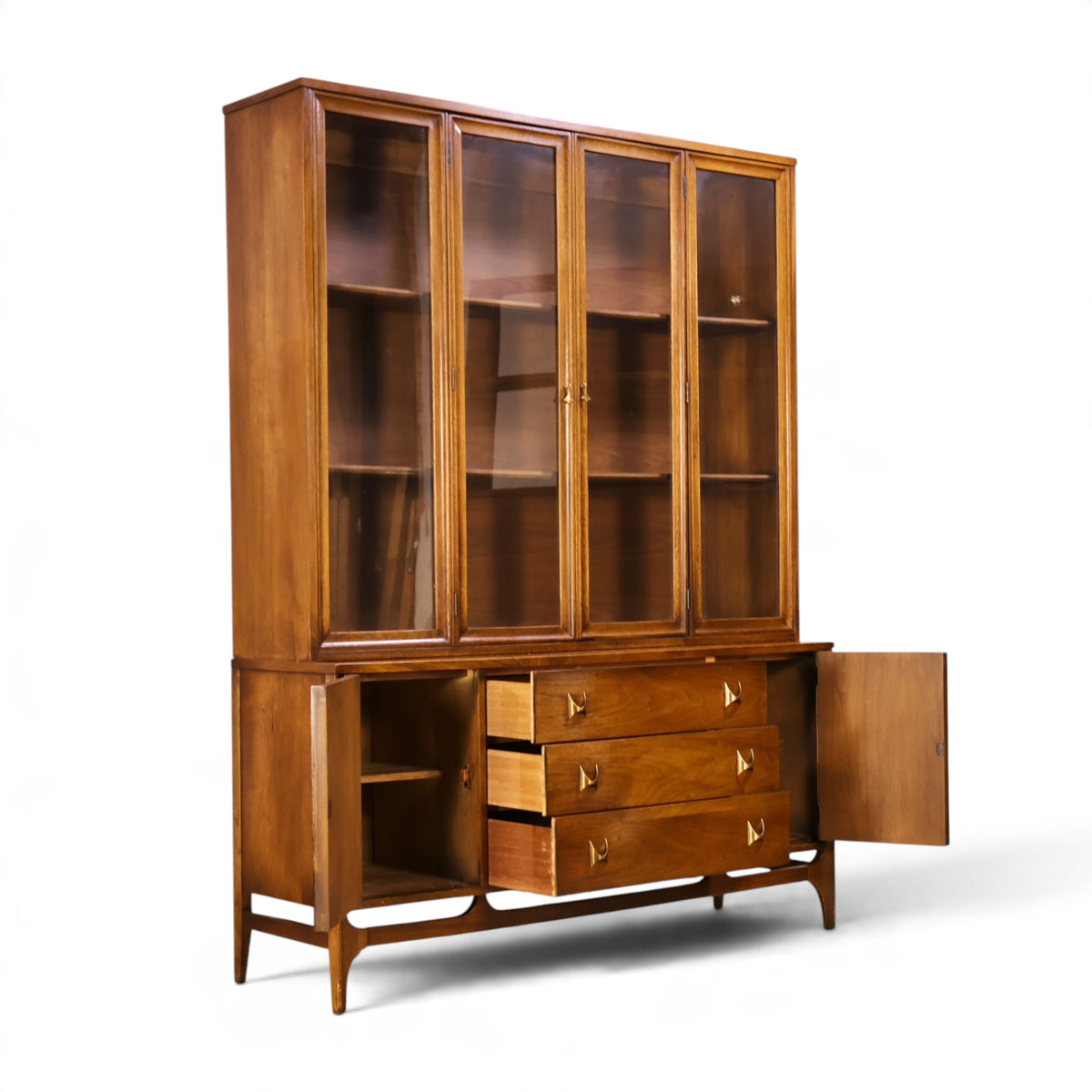 Broyhill Brasilia walnut china cabinet angle view with doors open and drawer out