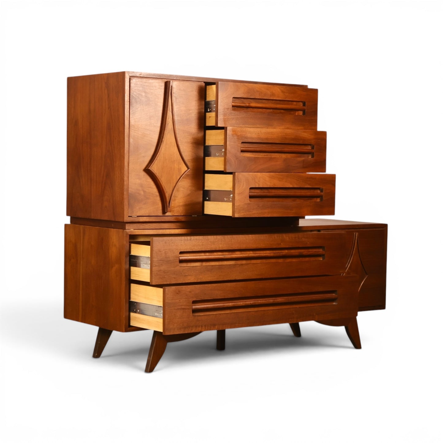 Specialty Woodcraft highboy top chest detail with slotted wooden pulls