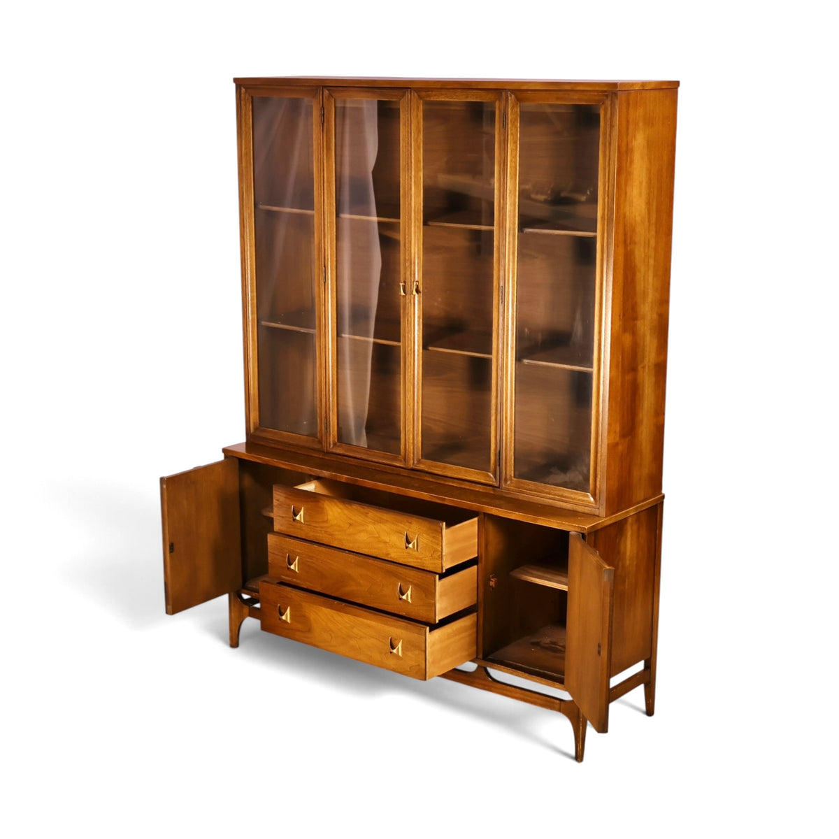 Broyhill Brasilia walnut china cabinet angle view of open base drawers and cabinets
