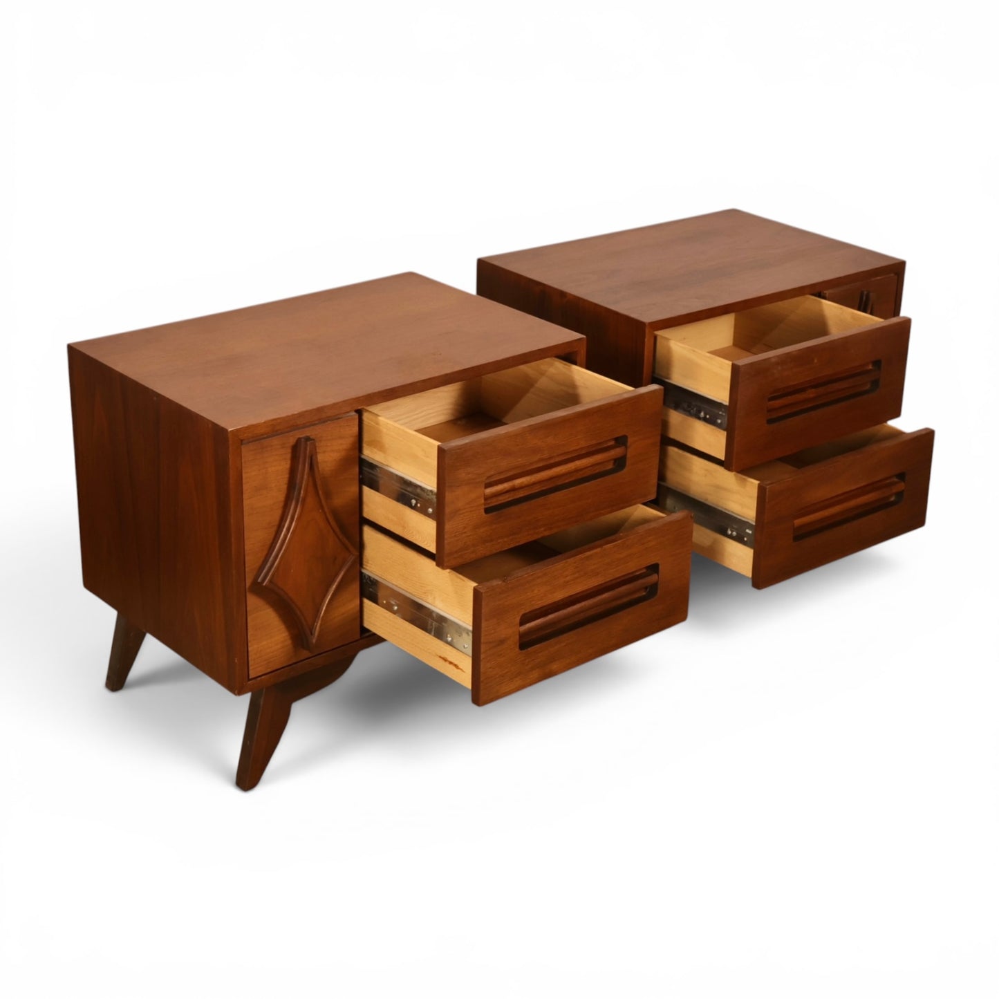 Specialty Woodcraft nightstands with drawers extended showing interiors