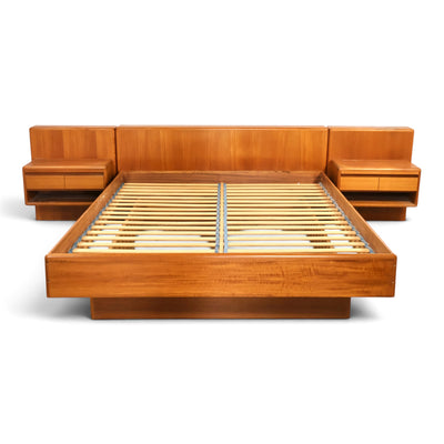 Danish teak platform bed angled view showing floating nightstands