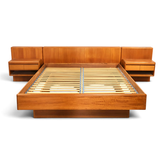 Danish teak platform bed angled view showing floating nightstands