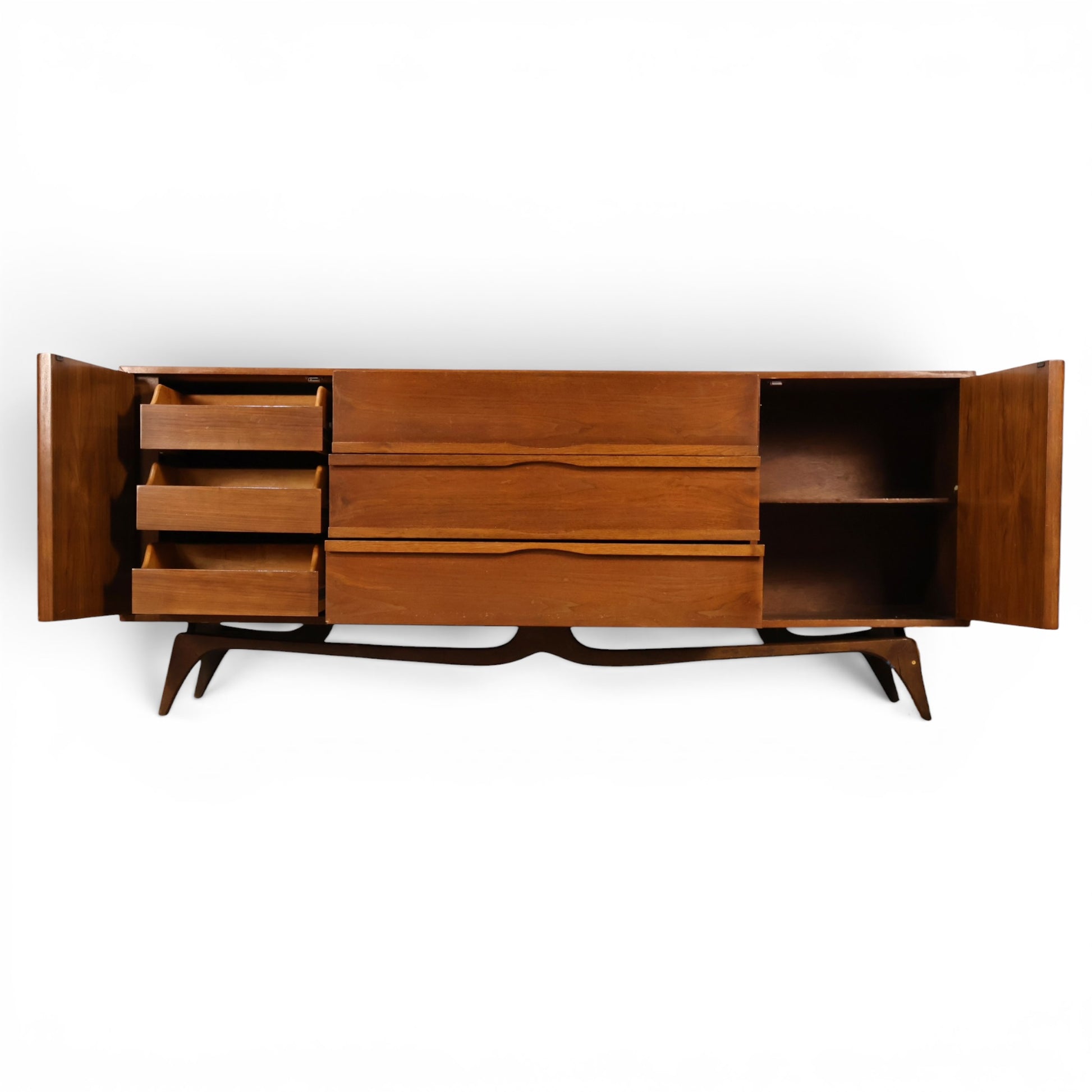 Tobago lowboy dresser carved leaf-panel cabinet door detail
