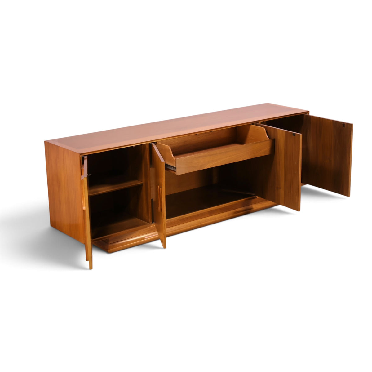 Specialty Woodcraft sculpted walnut and burl credenza angle view with doors open and drawer
