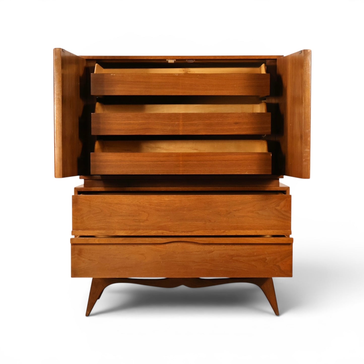 Tobago highboy dresser carved leaf-panel cabinet doors detail