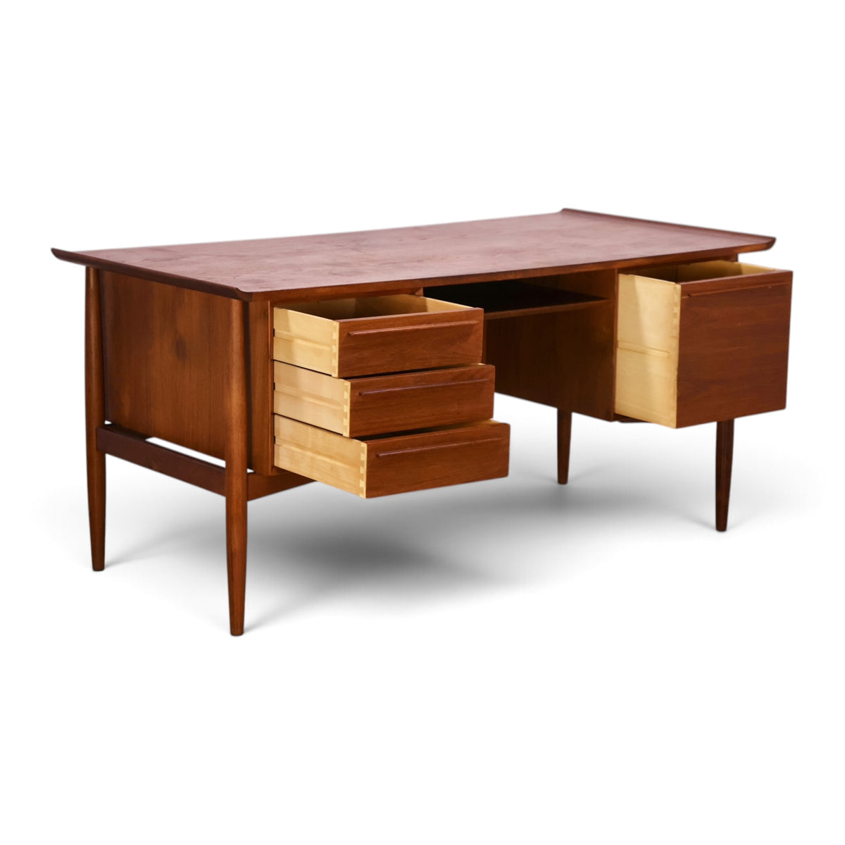Arne Vodder for HP Hansen teak executive desk angle view with drawers pulled out