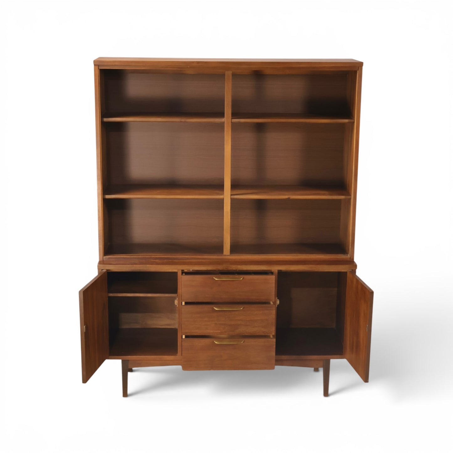 Stanley Furniture walnut china cabinet front view with open shelving and brass pulls
