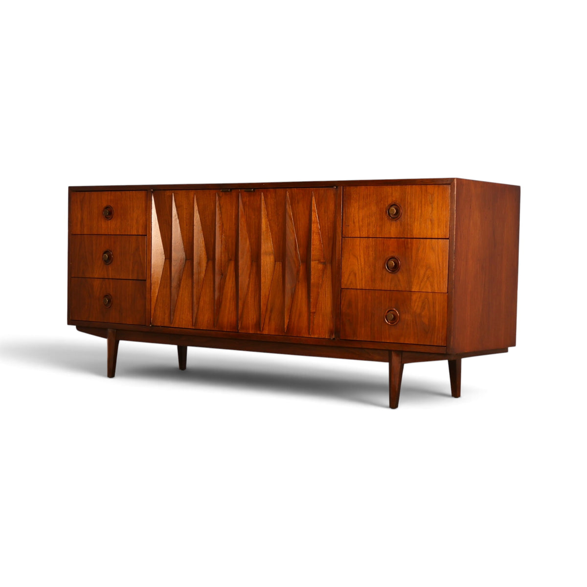 Merton Gershun Harlequin walnut lowboy dresser low front angle view