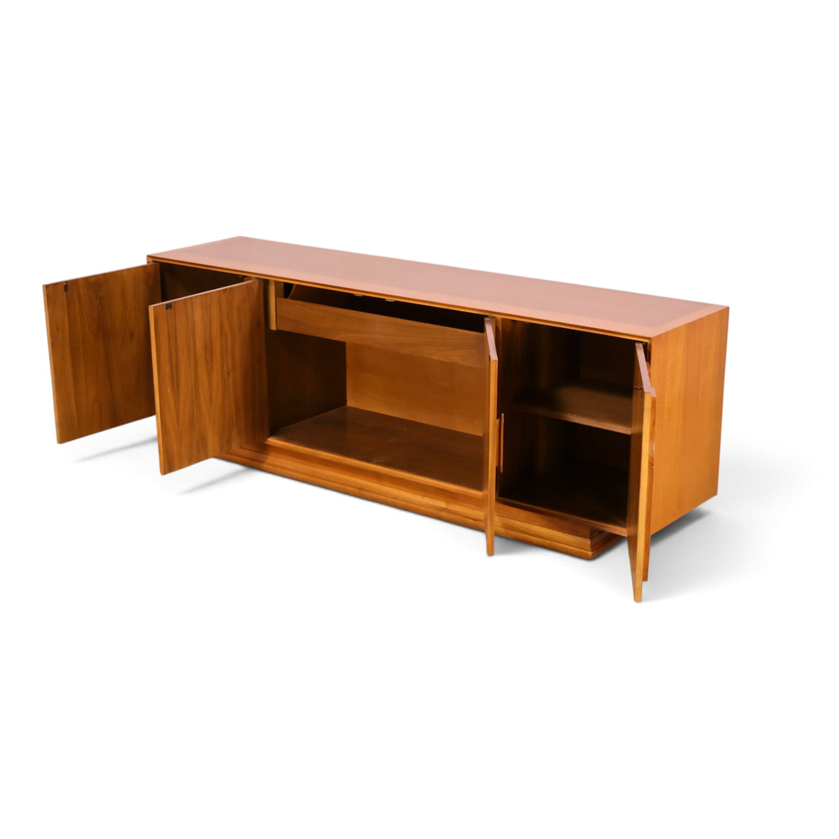 Specialty Woodcraft sculpted walnut and burl credenza angle view with doors open