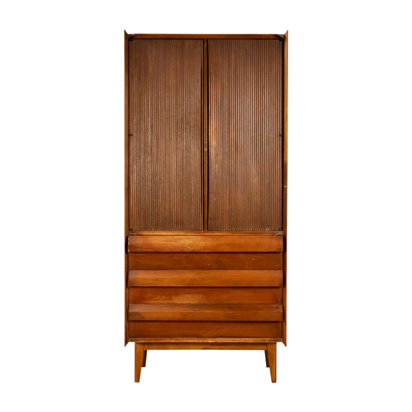 Lane First Edition walnut armoire front view with reeded doors