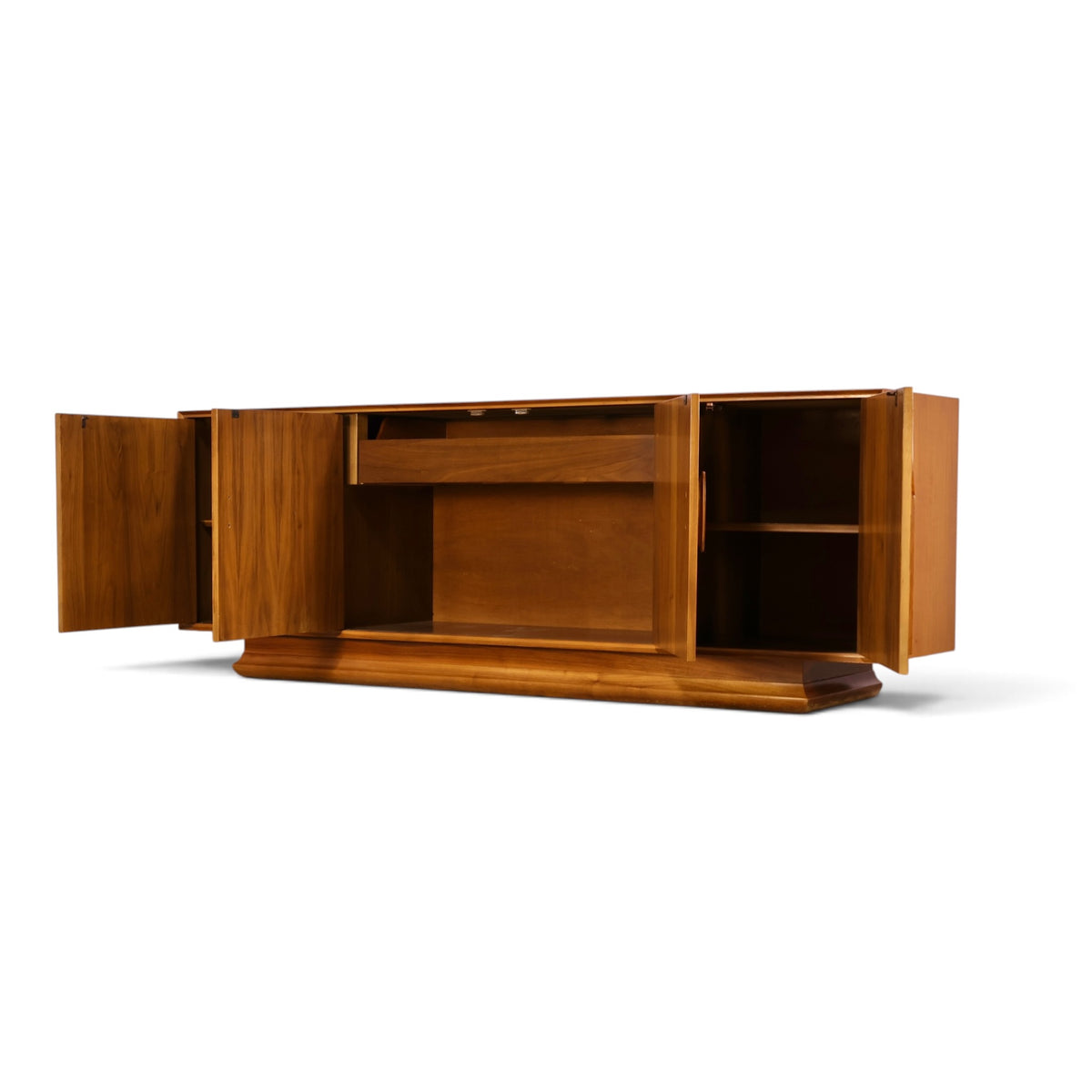 Specialty Woodcraft sculpted walnut and burl credenza front view with doors open