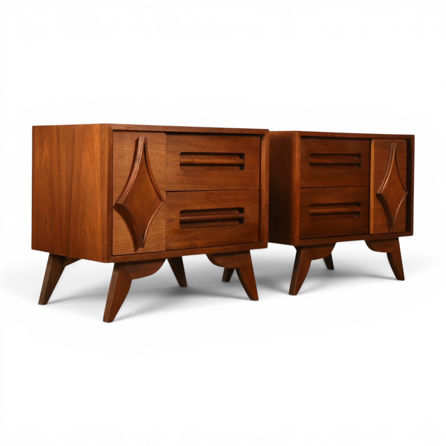 Specialty Woodcraft nightstand pair angled view on splayed sculpted legs