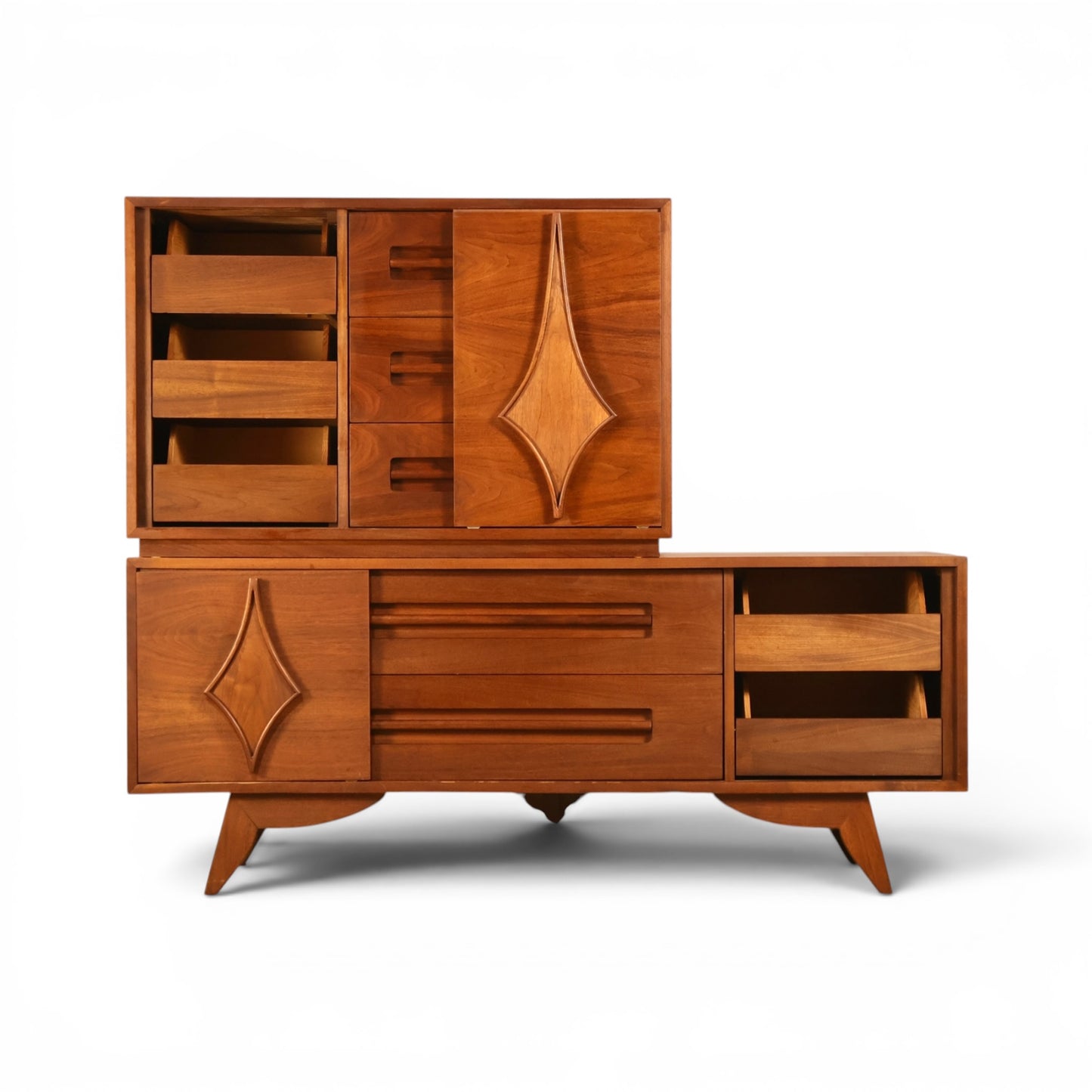 Specialty Woodcraft highboy with sliding door open showing drawer bank