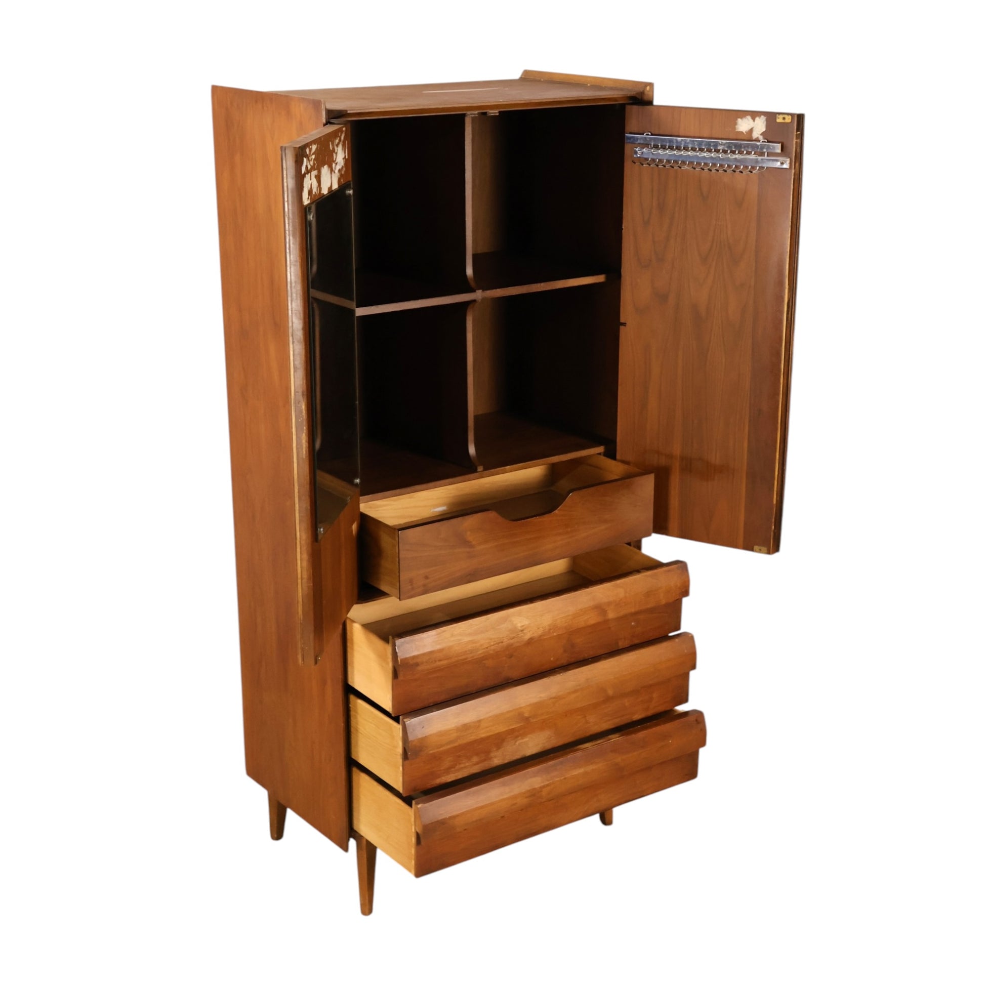 Lane First Edition armoire interior compartments and drawers open