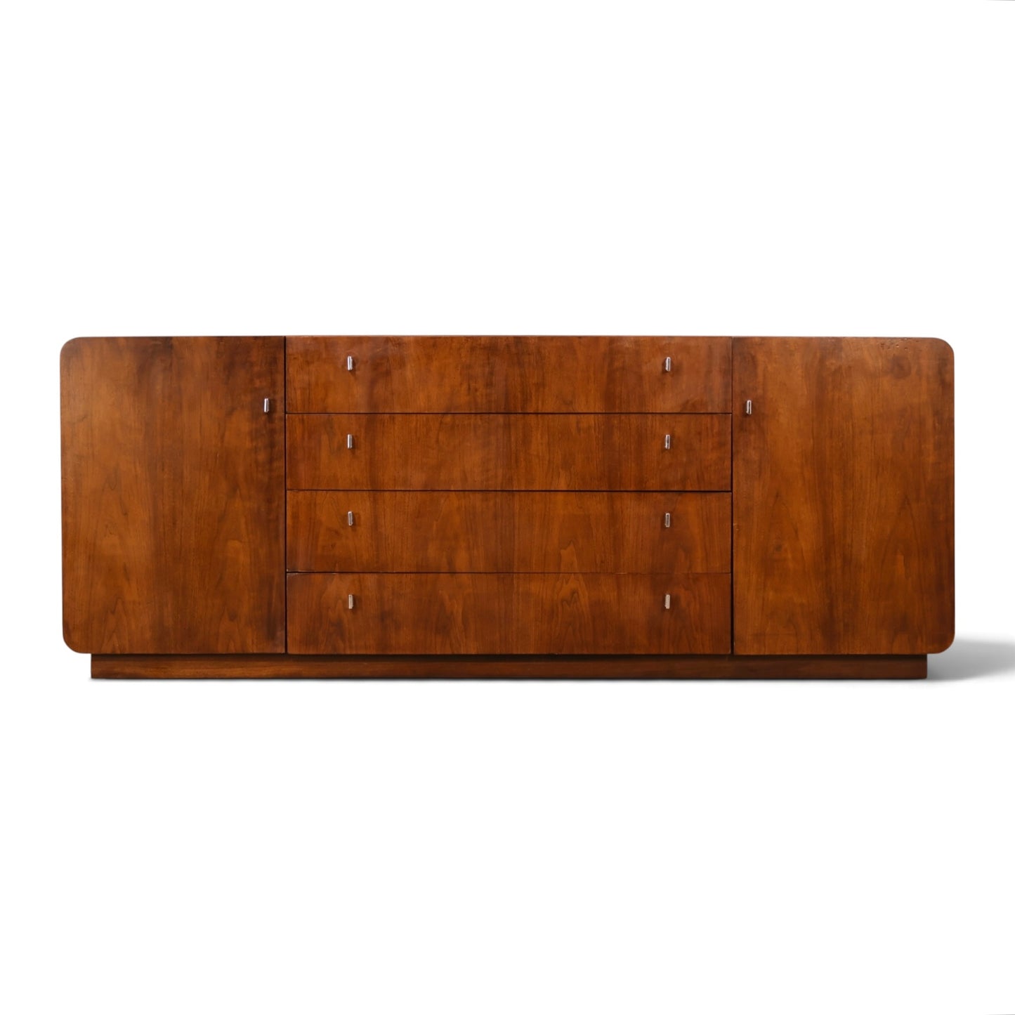 Founders Furniture walnut and chrome lowboy dresser full front view