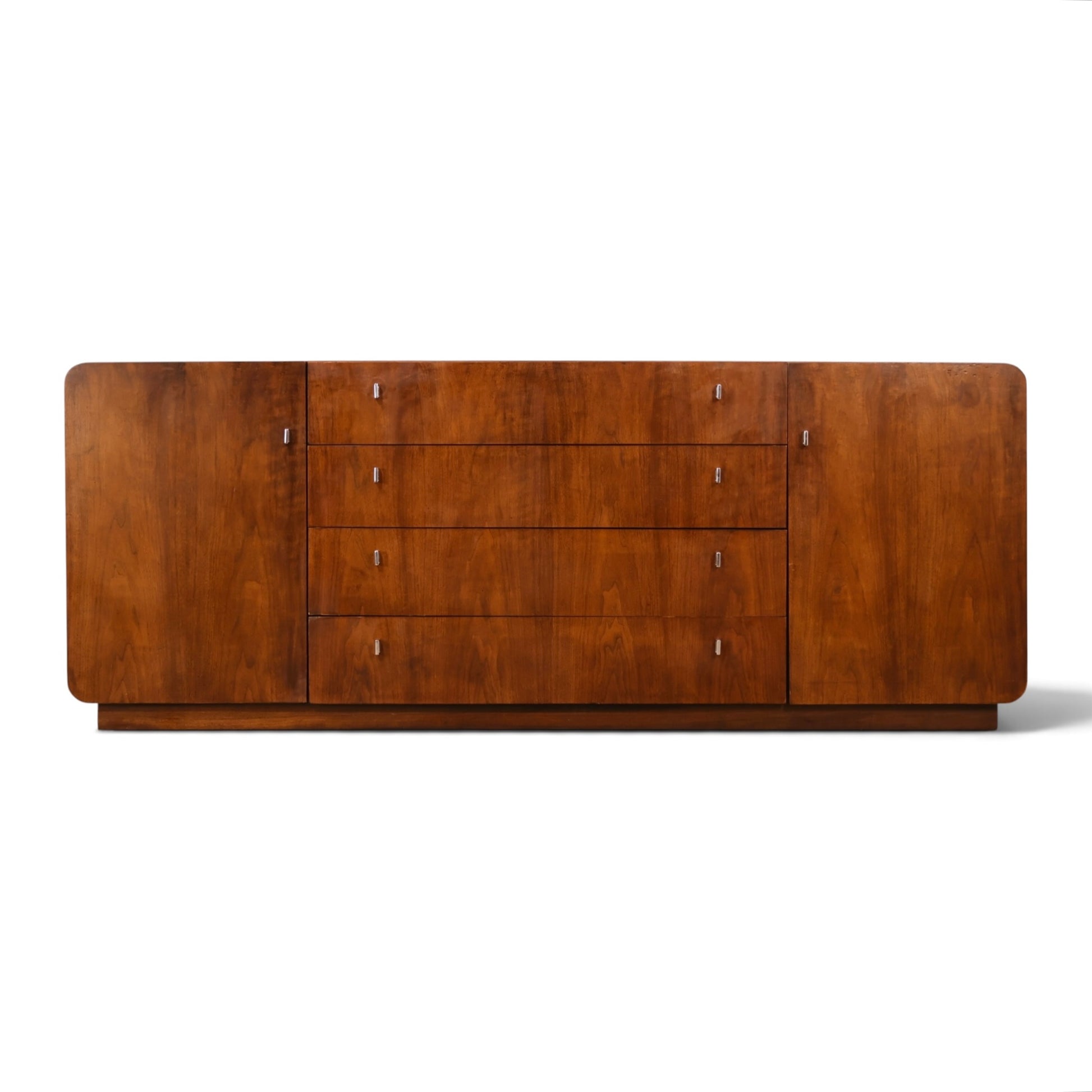 Founders Furniture walnut and chrome lowboy dresser full front view