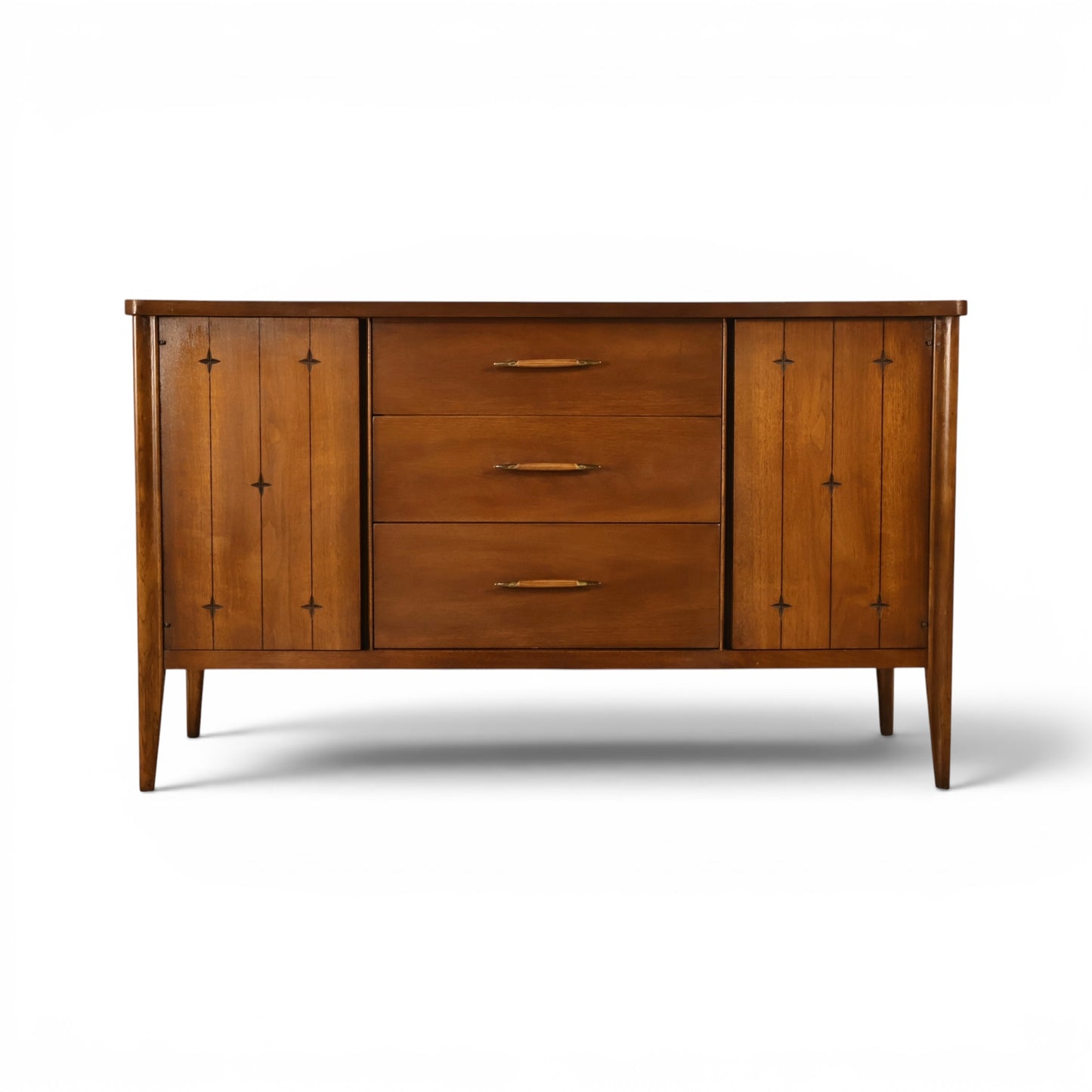 Broyhill Saga walnut buffet credenza front view with star inlay doors and three center drawers