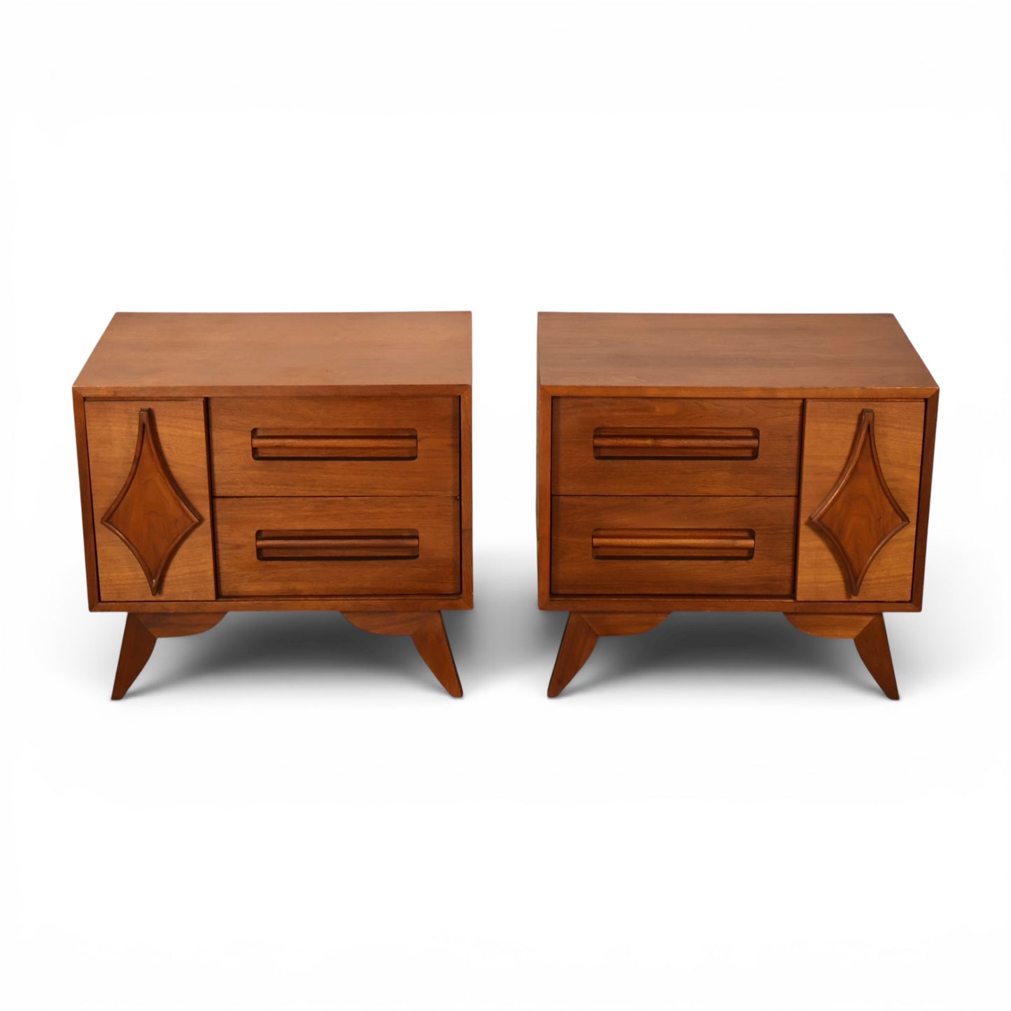 Specialty Woodcraft nightstands front view showing diamond relief and slotted pulls