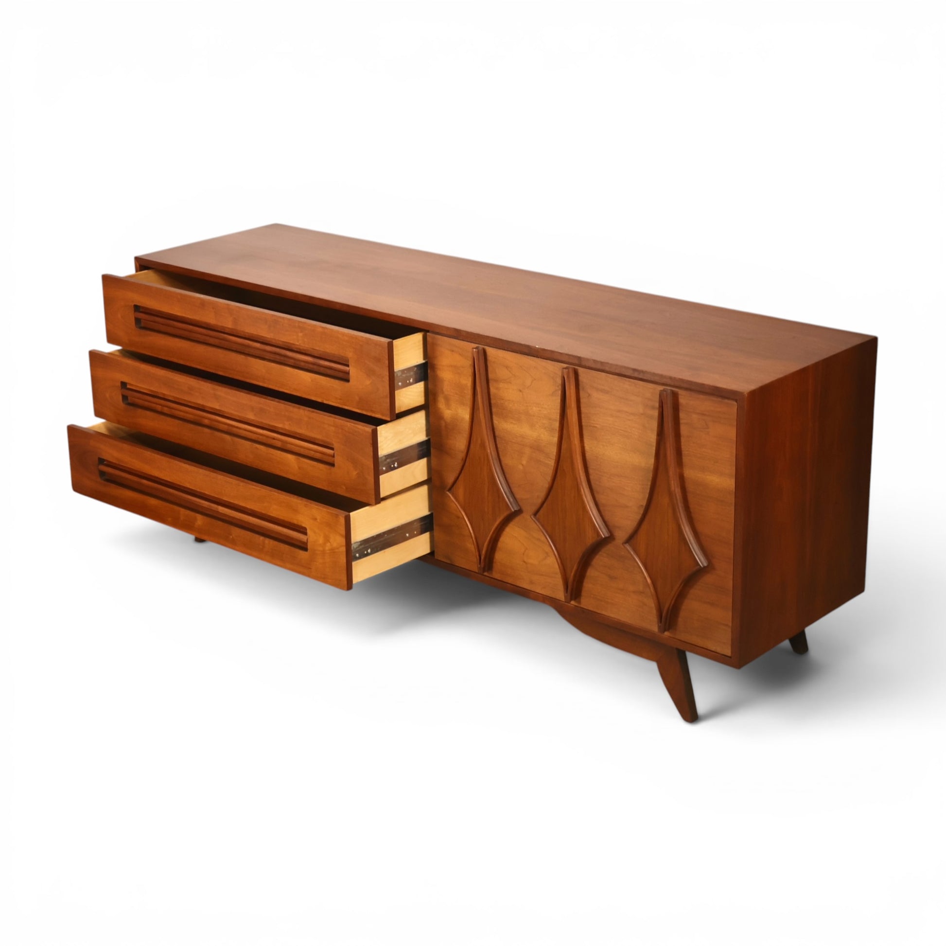 Specialty Woodcraft lowboy open storage detail behind sliding door