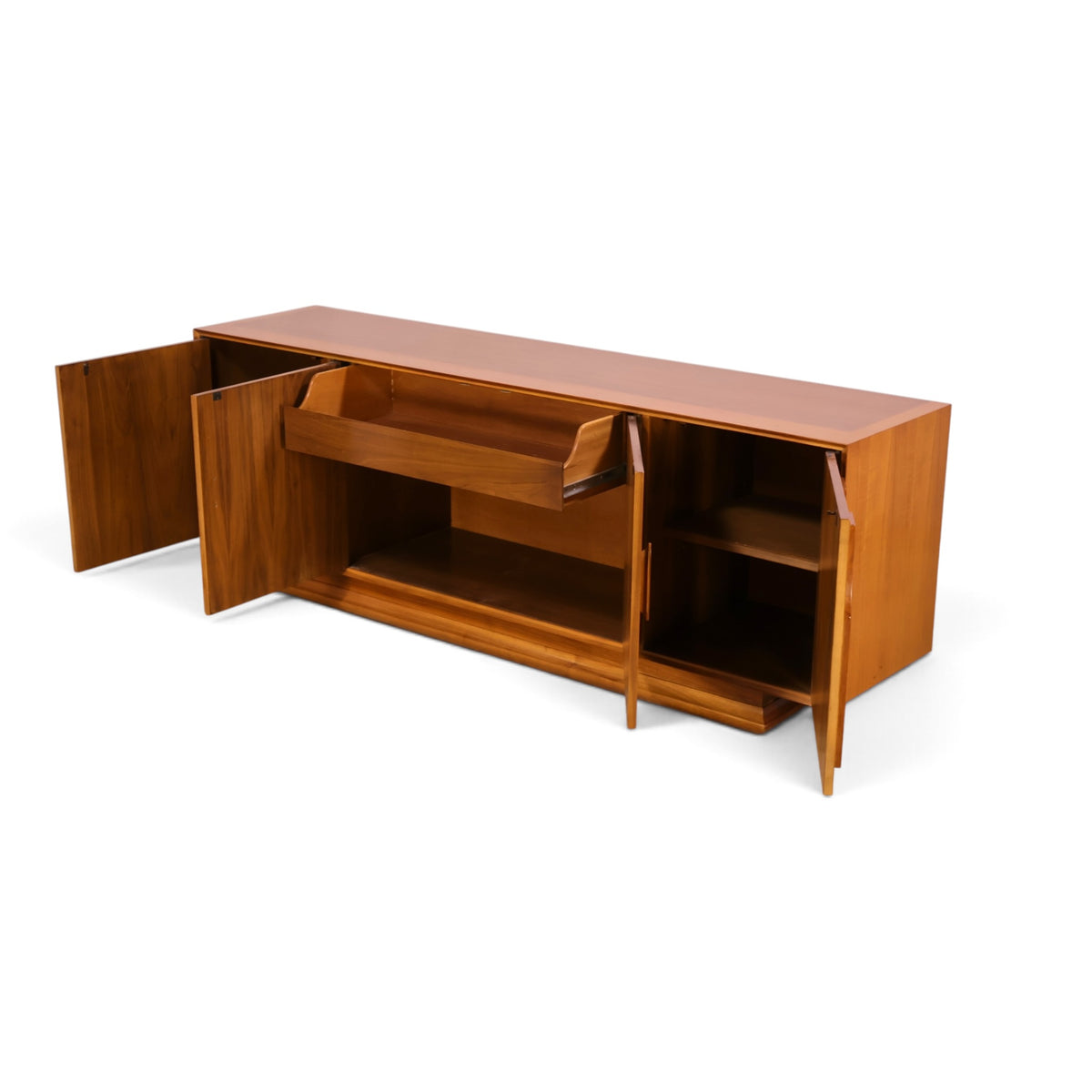 Specialty Woodcraft sculpted walnut and burl credenza angle view with center drawer pulled out