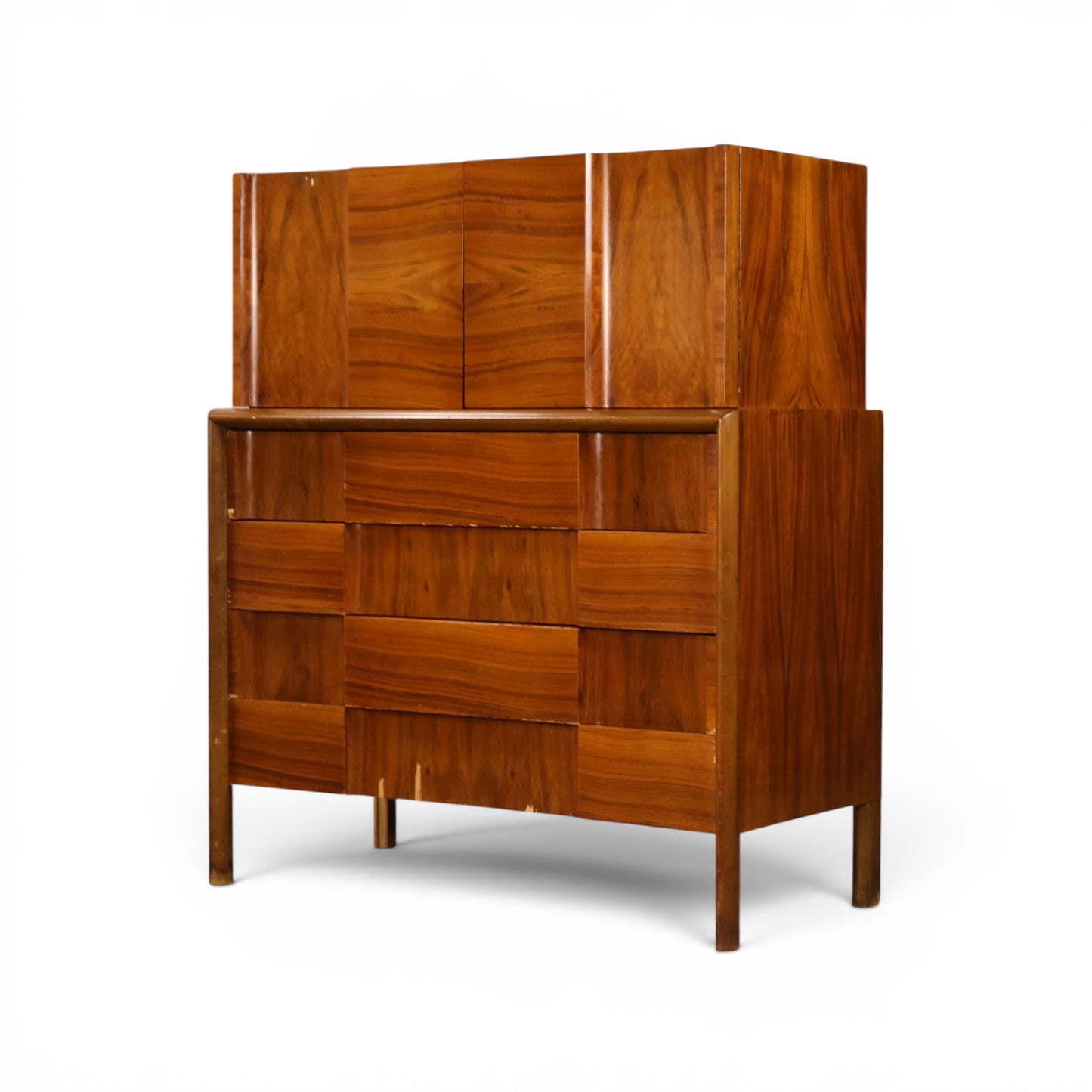 Edmond Spence highboy dresser three-quarter view with cabinet doors closed