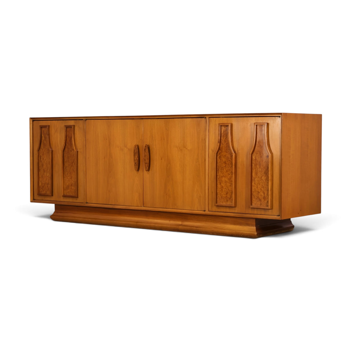 Specialty Woodcraft sculpted walnut and burl credenza front view