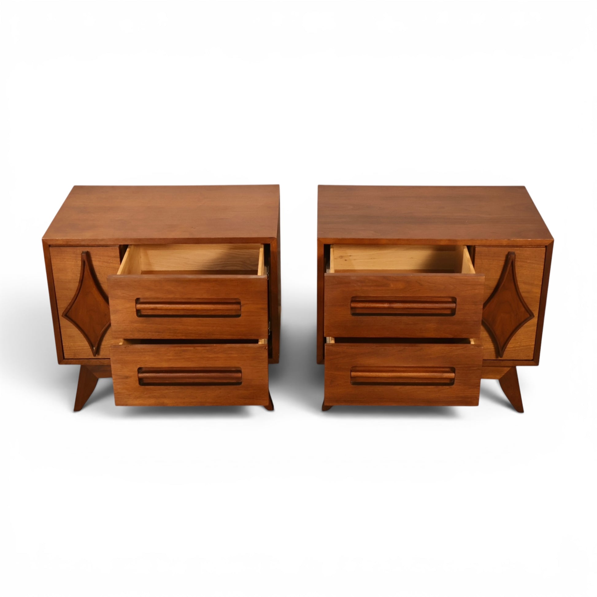 Specialty Woodcraft nightstands with drawers open