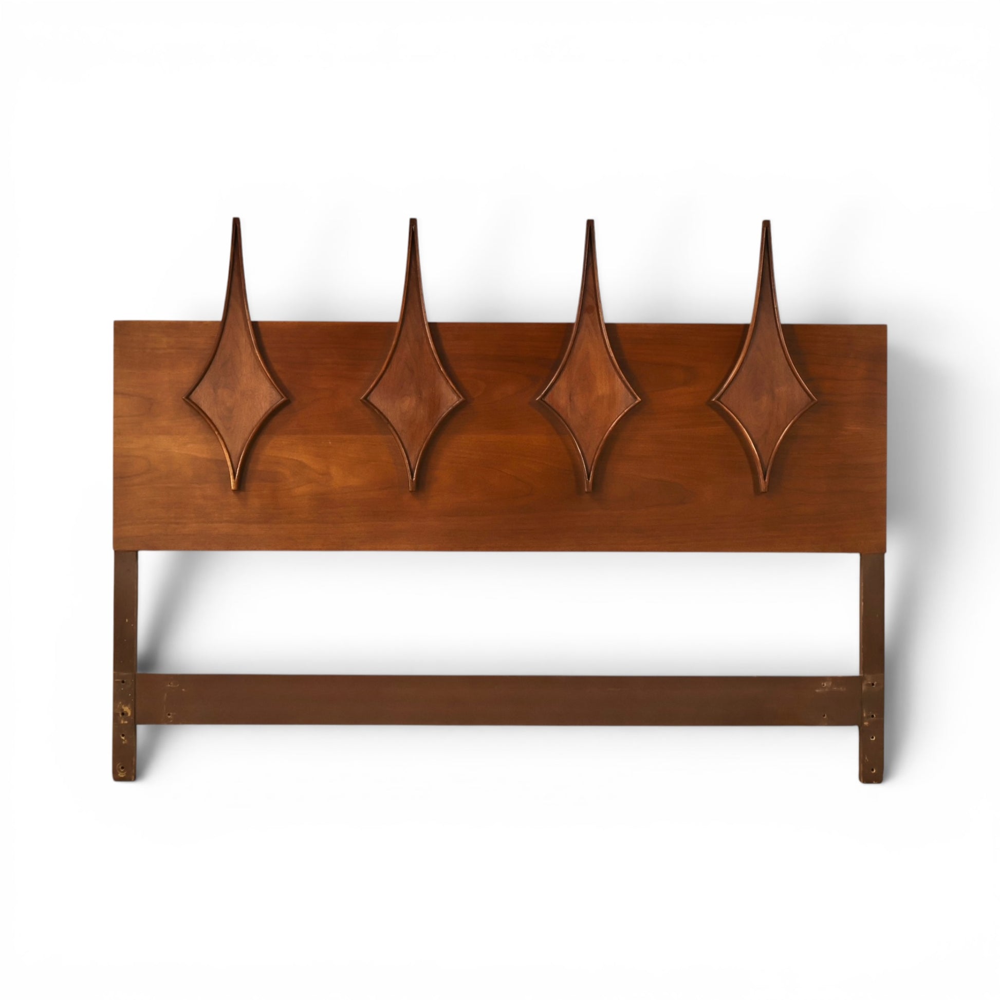 Specialty Woodcraft walnut queen headboard with four sculpted diamond spires front view