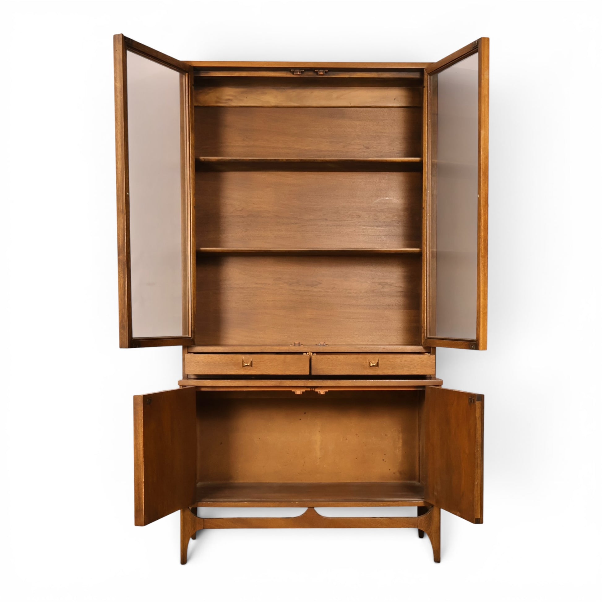 Broyhill Brasilia walnut china cabinet front view with upper hutch and lower base