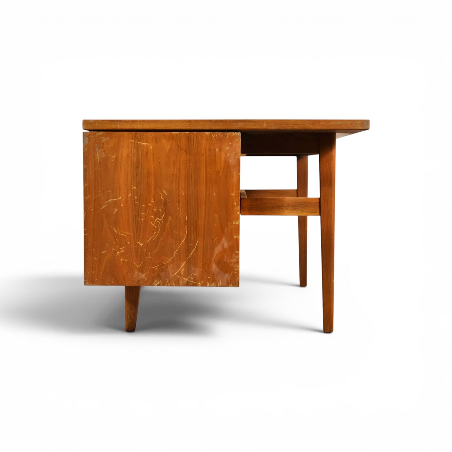 Jens Risom walnut desk surface wear detail