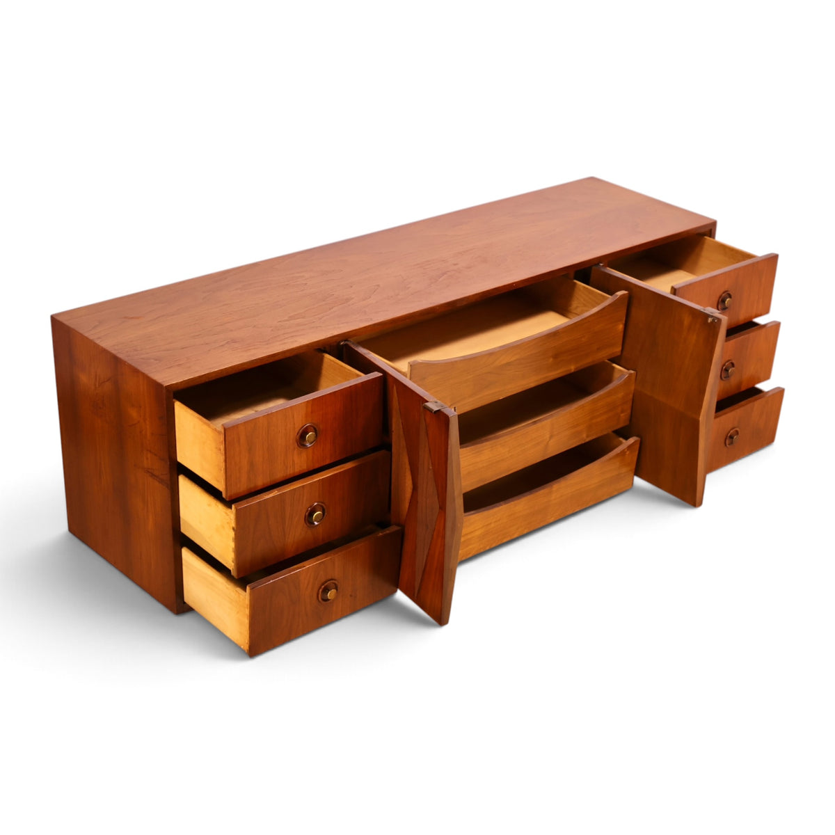 Merton Gershun Harlequin walnut lowboy dresser angle view with drawers open