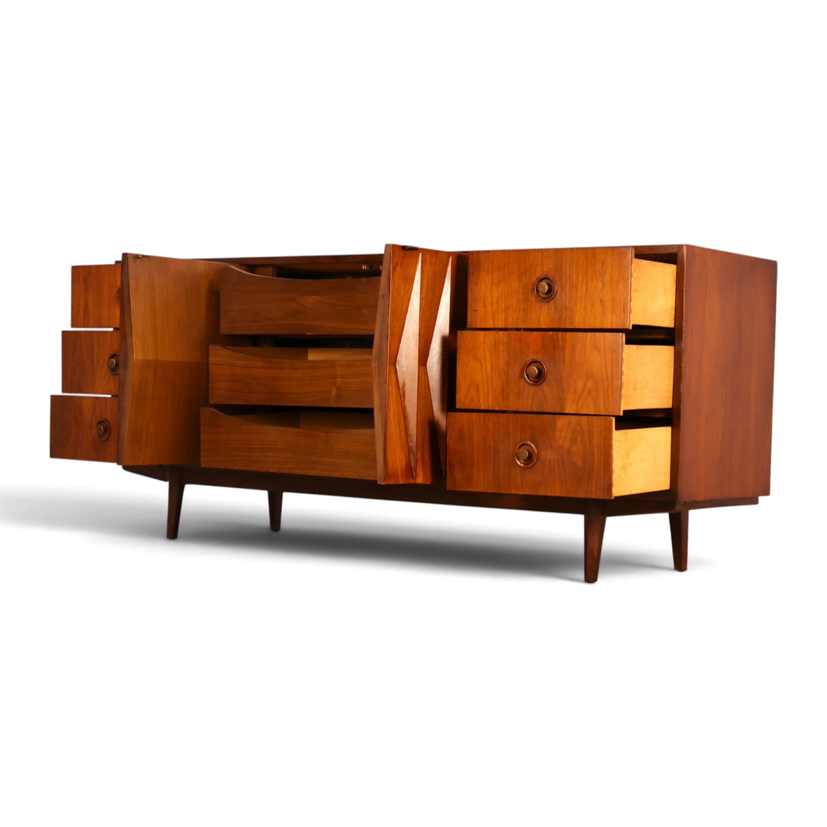 Merton Gershun Harlequin walnut lowboy dresser angle view with doors open