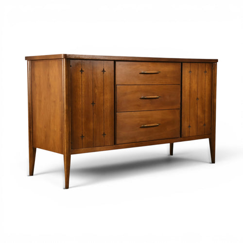 Broyhill Saga credenza three quarter view showing star inlay door detail