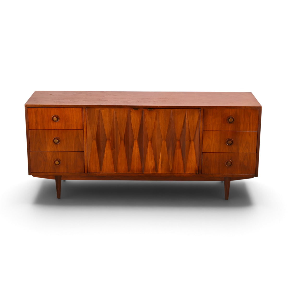 Merton Gershun Harlequin walnut lowboy dresser front view with carved harlequin doors