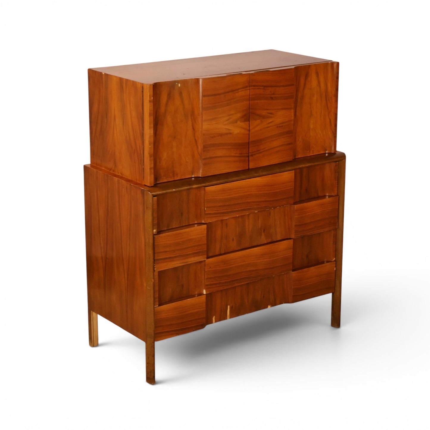 Edmond Spence highboy dresser front angle showing woven drawer fronts