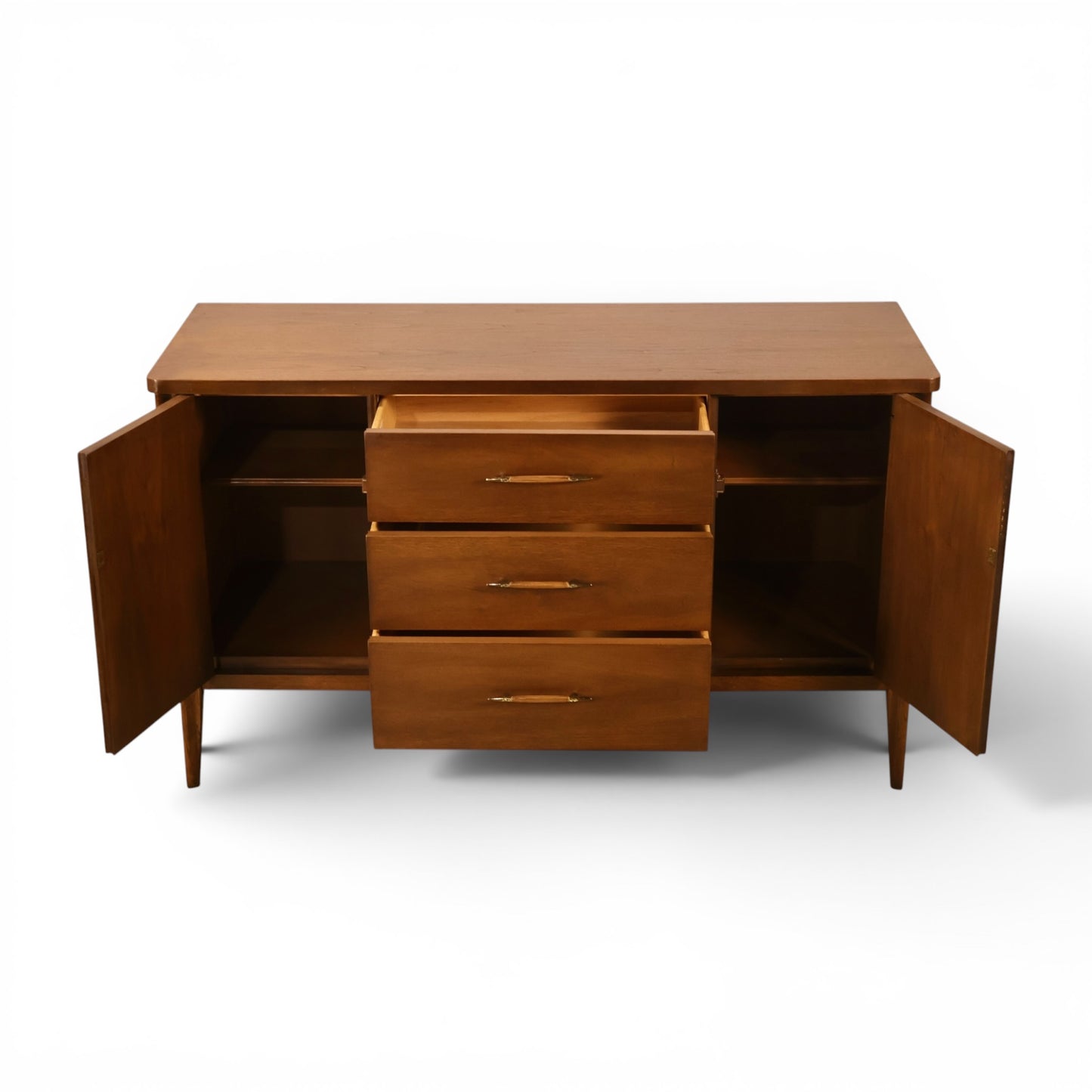 Broyhill Saga credenza with doors open and center drawer extended