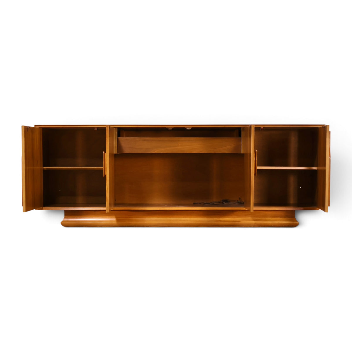 Specialty Woodcraft sculpted walnut and burl credenza doors open showing shelves
