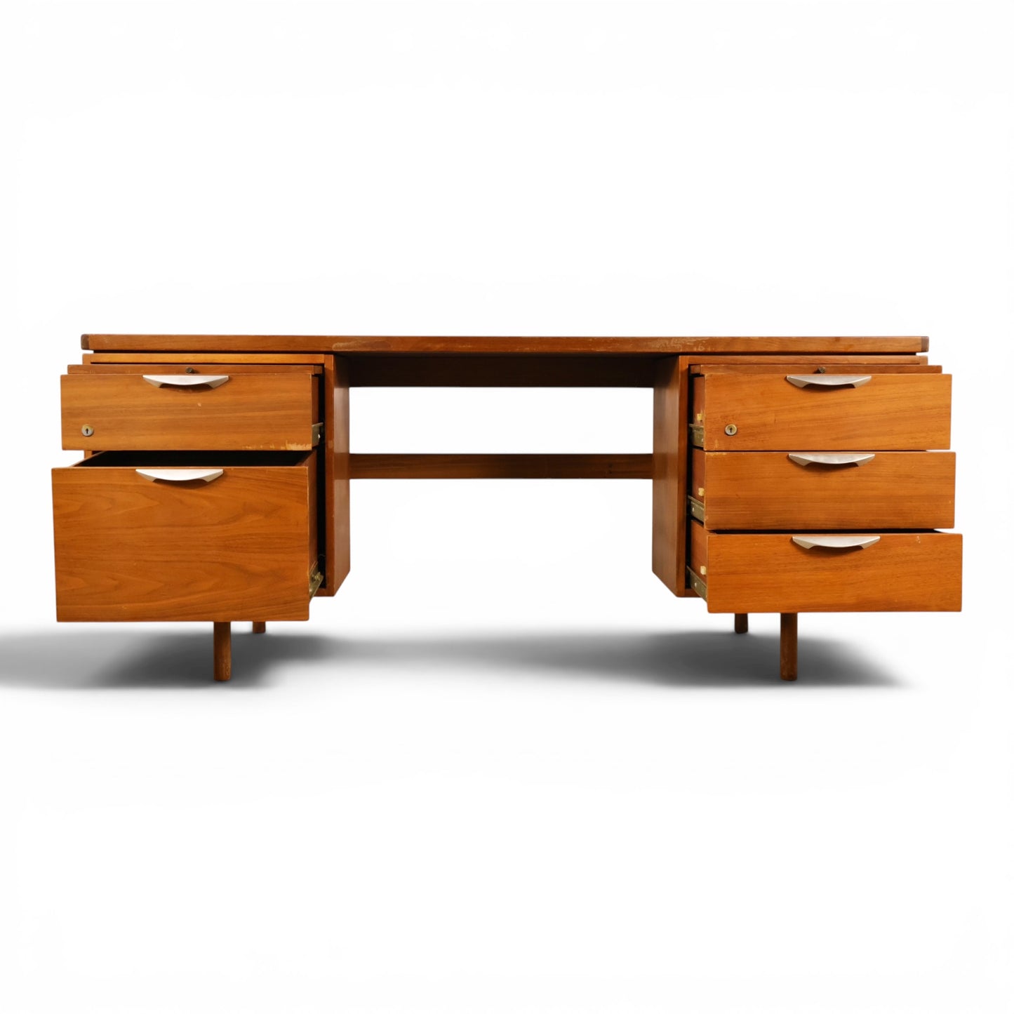 Jens Risom walnut desk drawer front and aluminum pull detail
