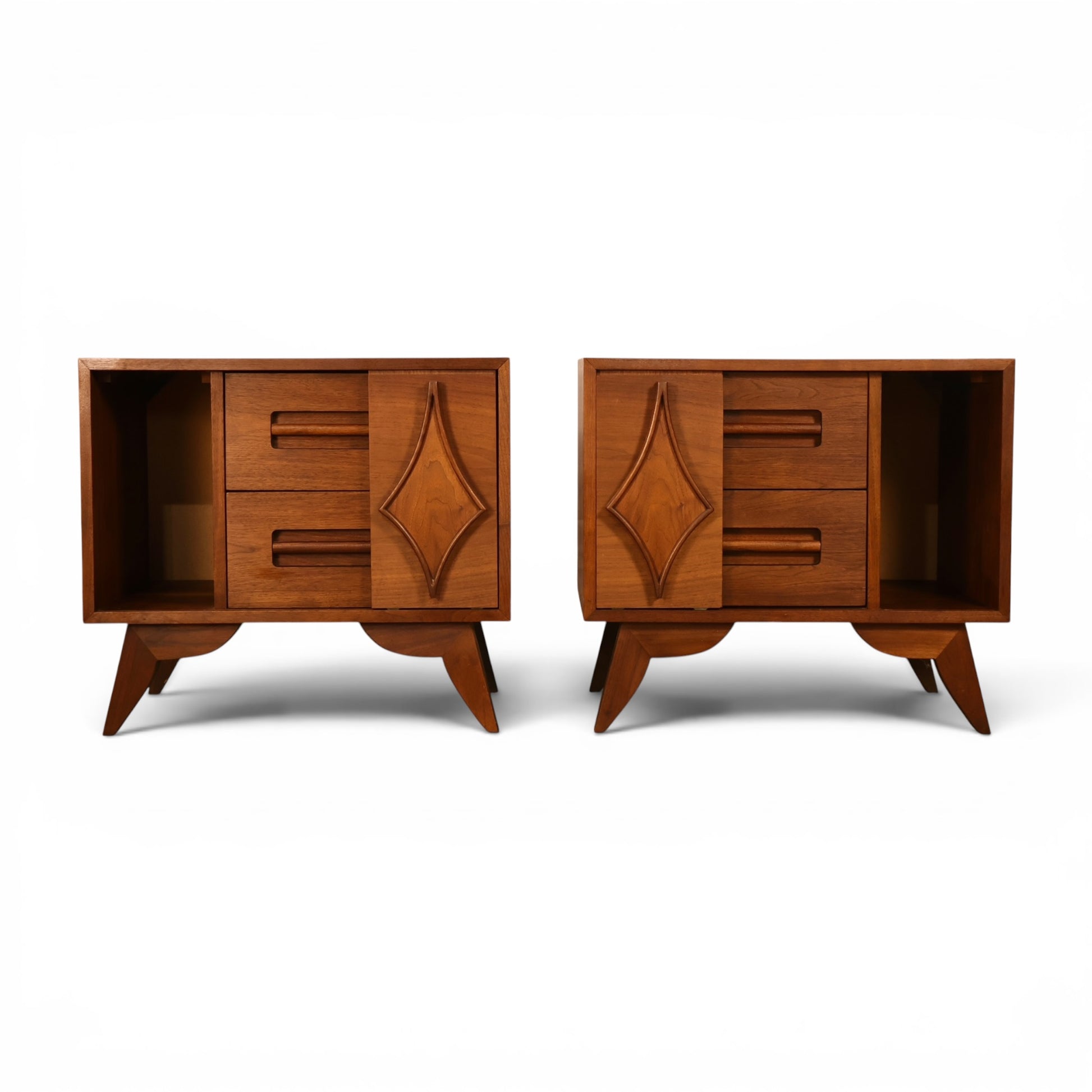 Specialty Woodcraft nightstands with sliding doors open showing cubby storage