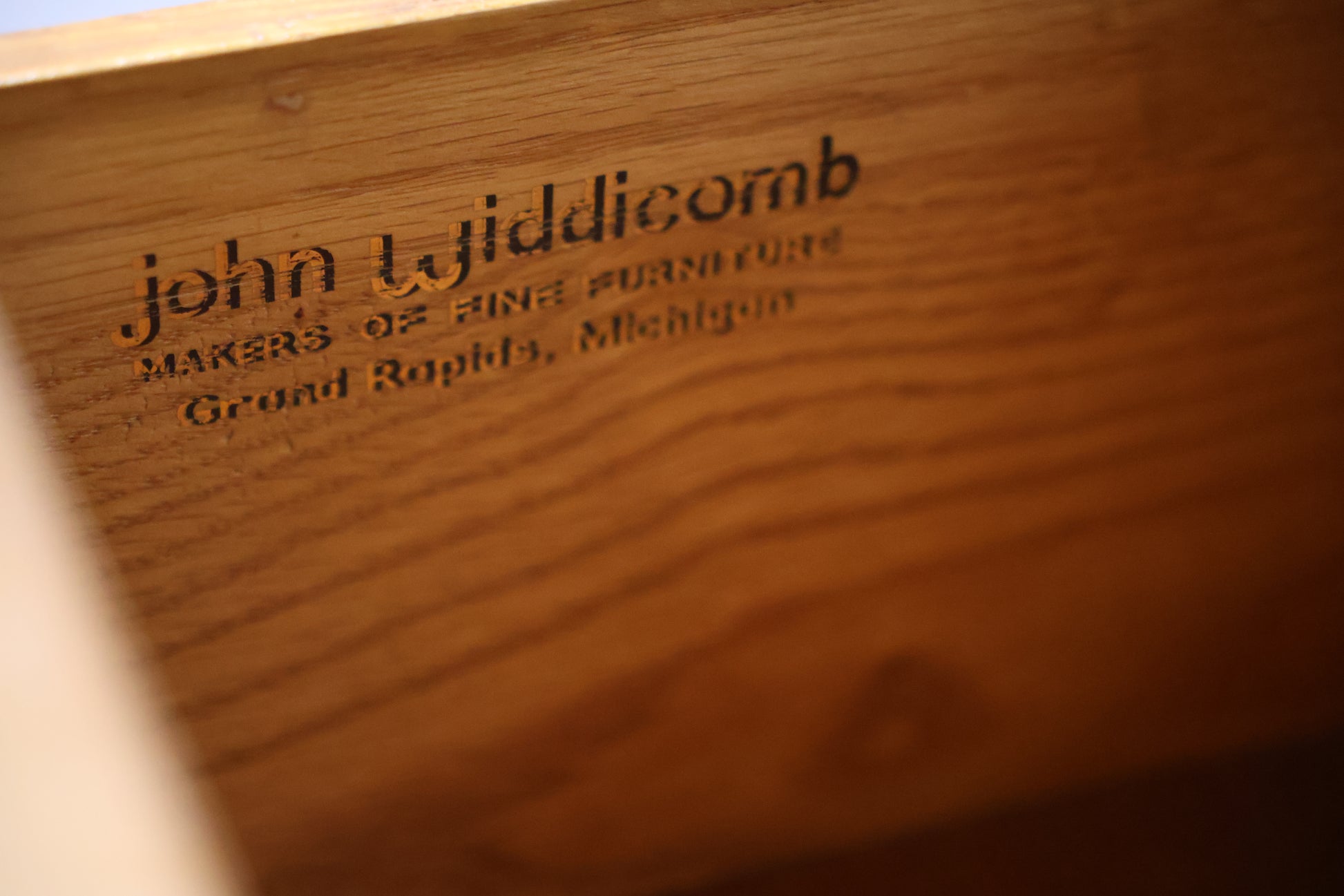 John Widdicomb lowboy dresser maker's mark and construction detail