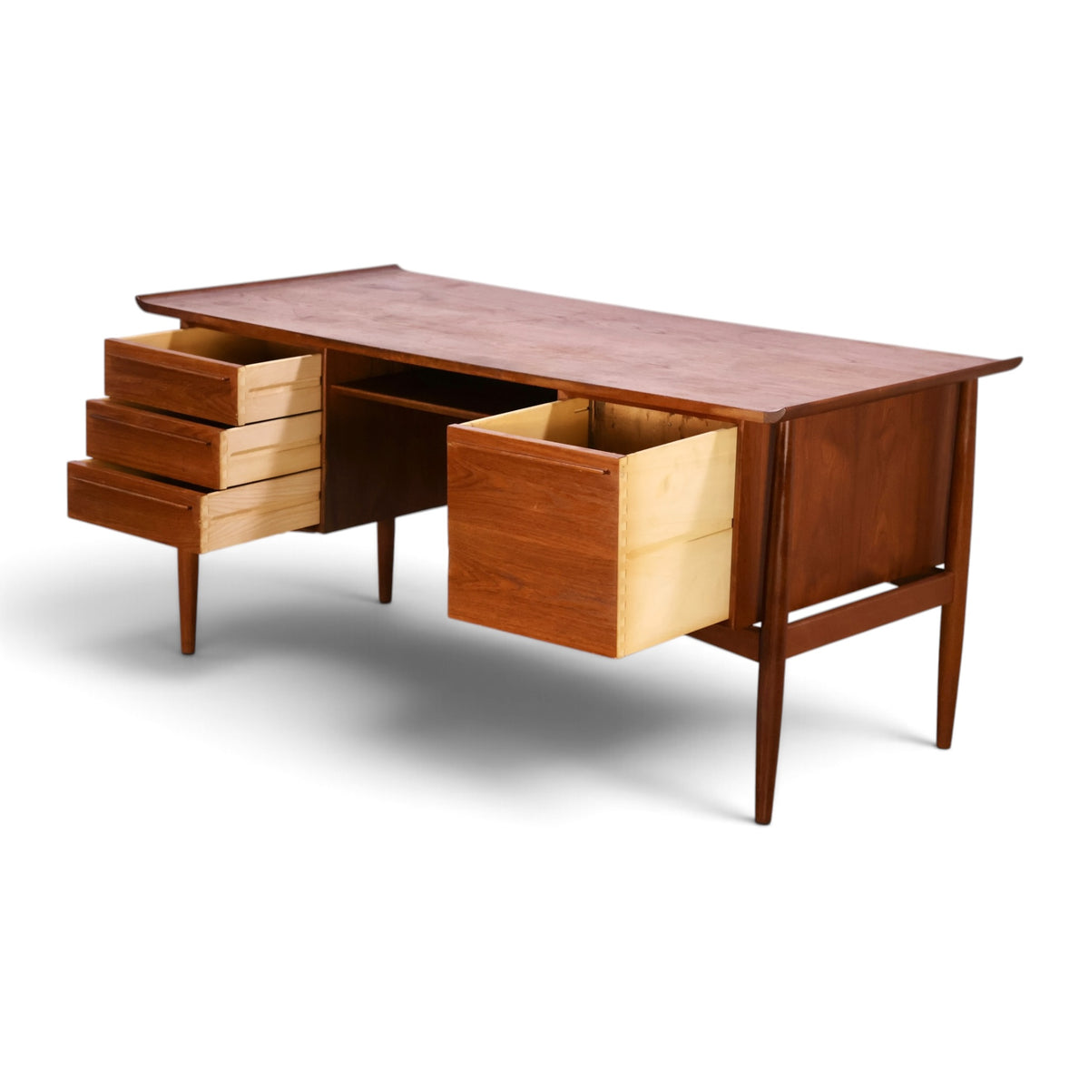 Arne Vodder for HP Hansen teak executive desk angle view with drawers out