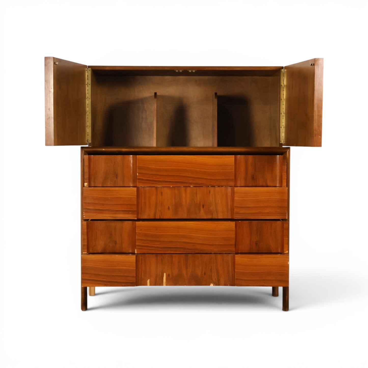 Edmond Spence highboy dresser with upper cabinet doors open