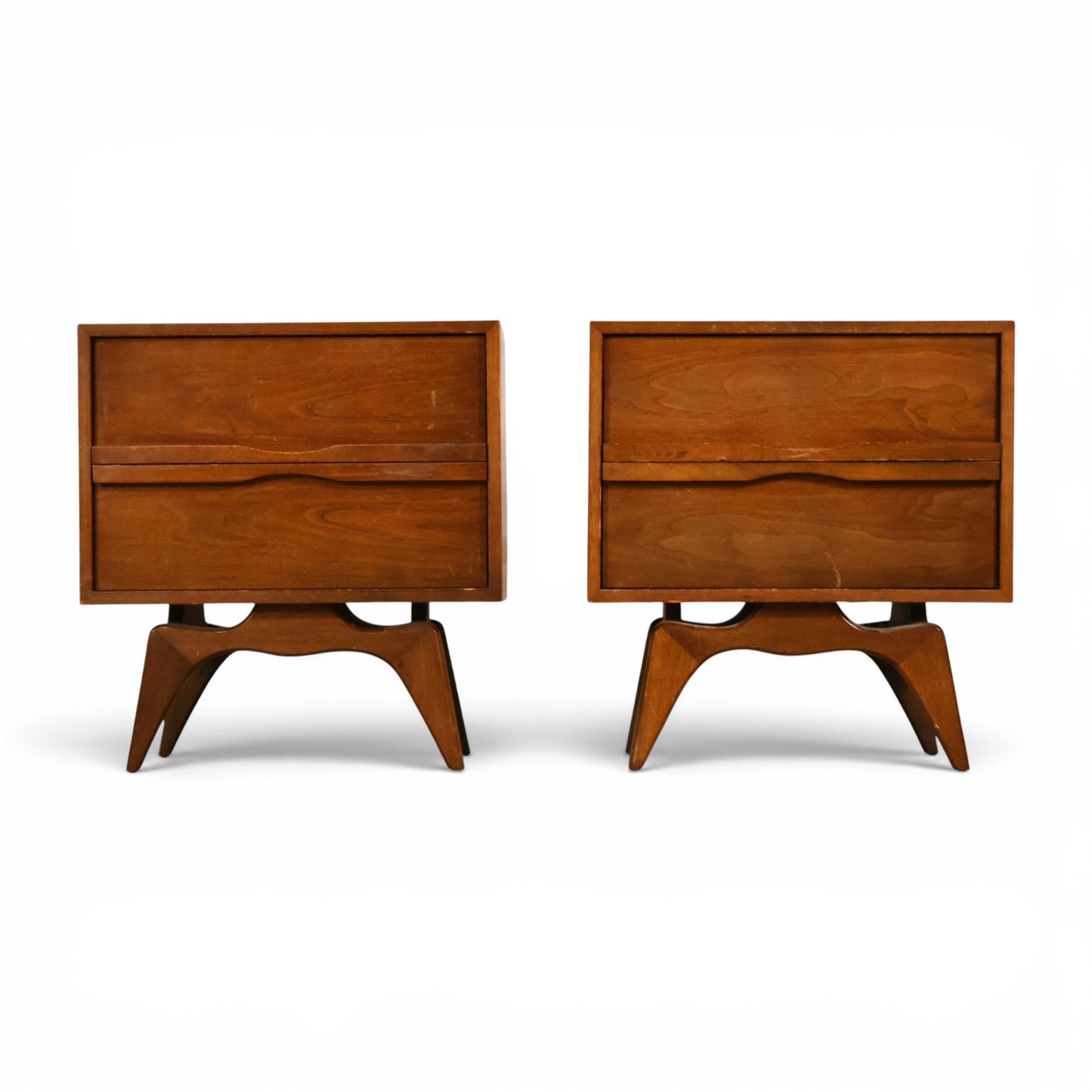 Tobago pair of walnut nightstands front view with sculptural bases