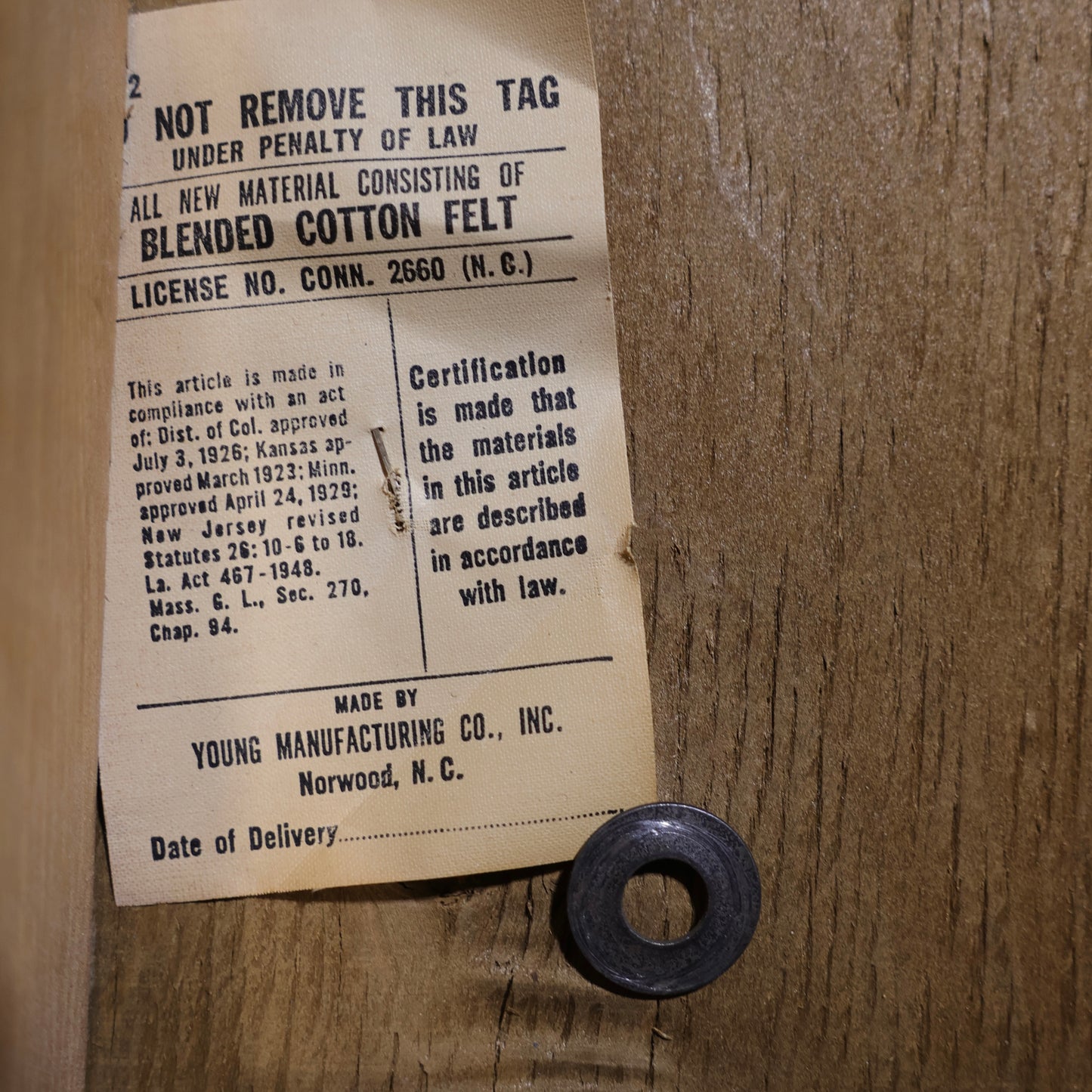Young Manufacturing Co. Norwood North Carolina original tag on dining chair
