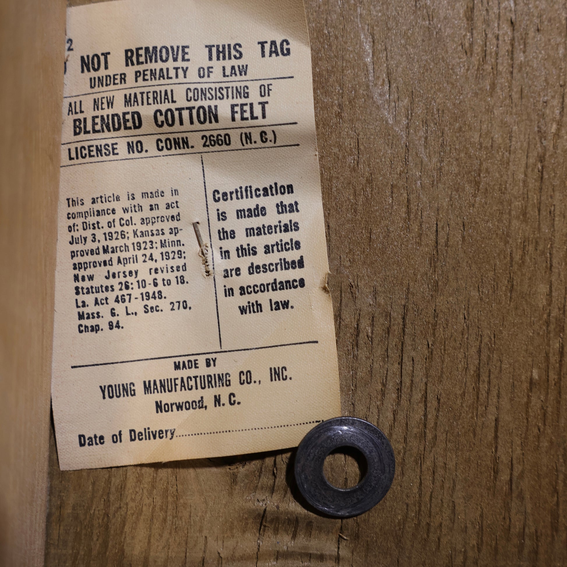 Young Manufacturing Co. Norwood North Carolina original tag on dining chair