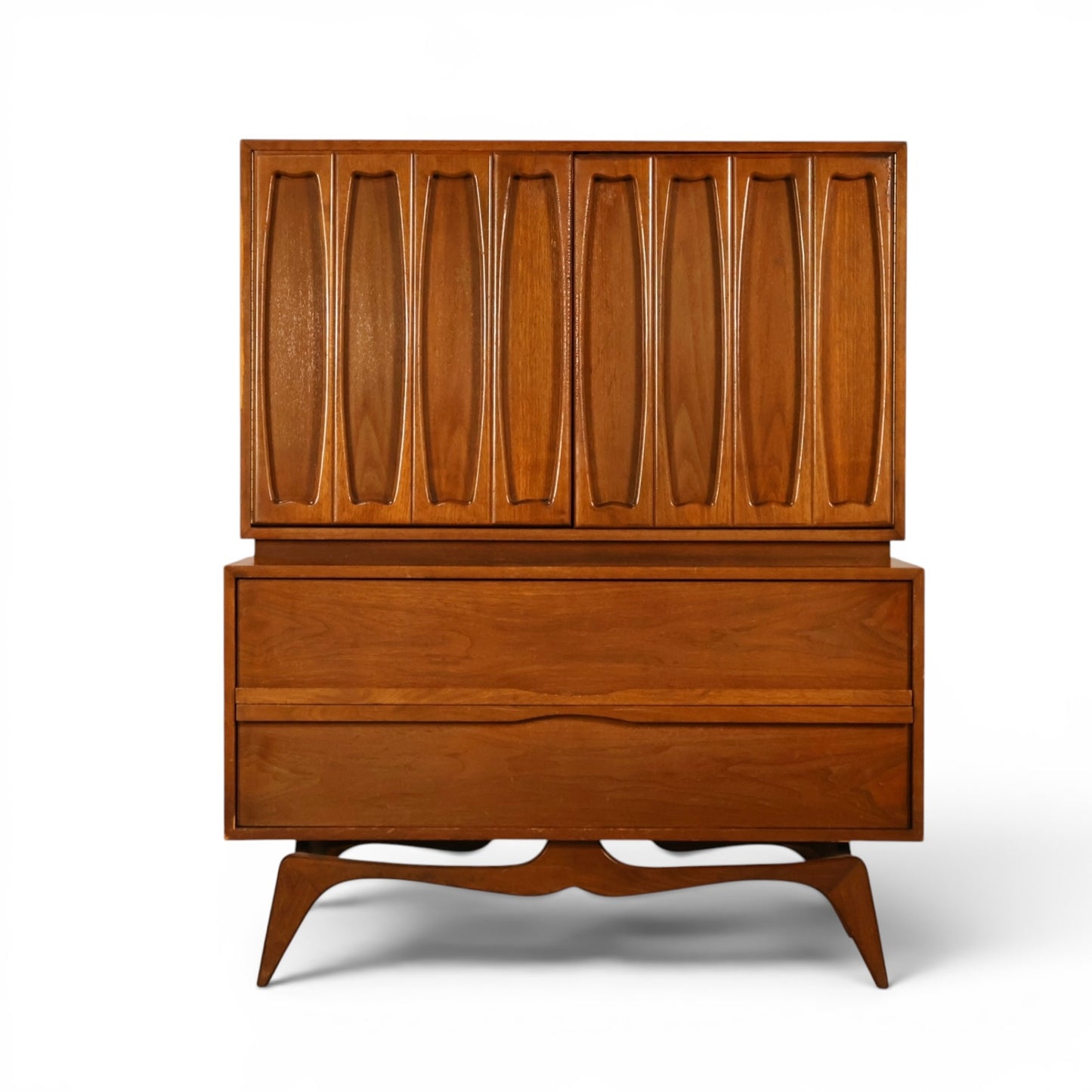 Tobago walnut highboy dresser full front view with carved doors and sculptural base